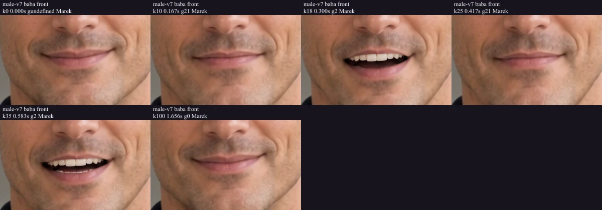 Six archived mouth close-ups showing individual frames of Julian saying a Polish test word.